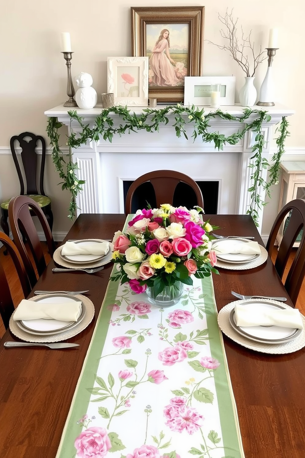 A beautifully set dining table adorned with a vibrant seasonal table runner featuring floral patterns that capture the essence of spring. The table is surrounded by elegant chairs, and a centerpiece of fresh flowers complements the runner, creating a warm and inviting atmosphere. A charming mantel decorated for spring with soft pastel accents and natural elements. Delicate garlands of greenery drape elegantly across the mantel, paired with decorative candles and seasonal artwork that enhance the overall aesthetic.