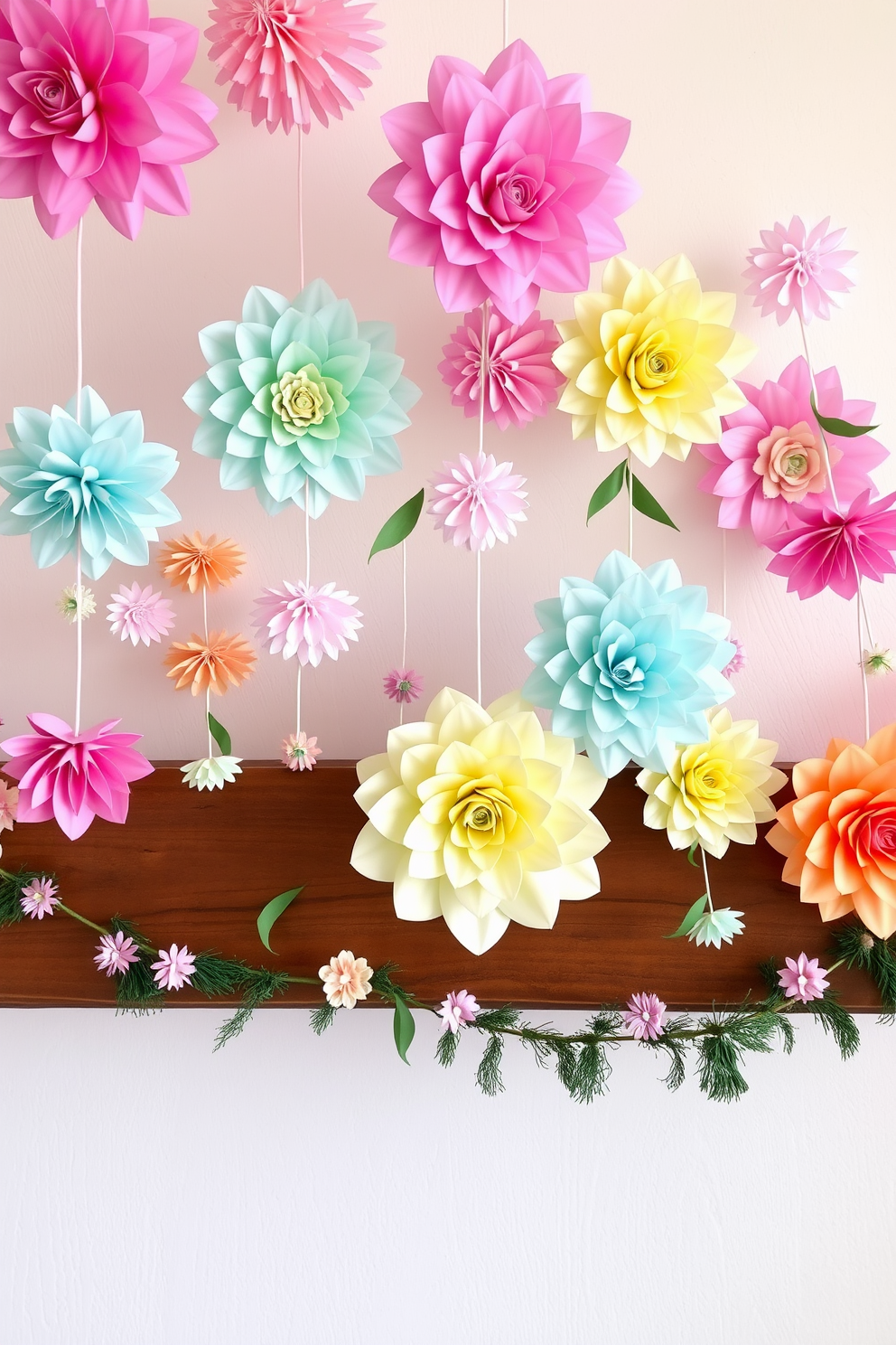 A whimsical mantel adorned with hanging paper flowers in various pastel colors. The backdrop features a soft white wall that enhances the playful charm of the decorations.