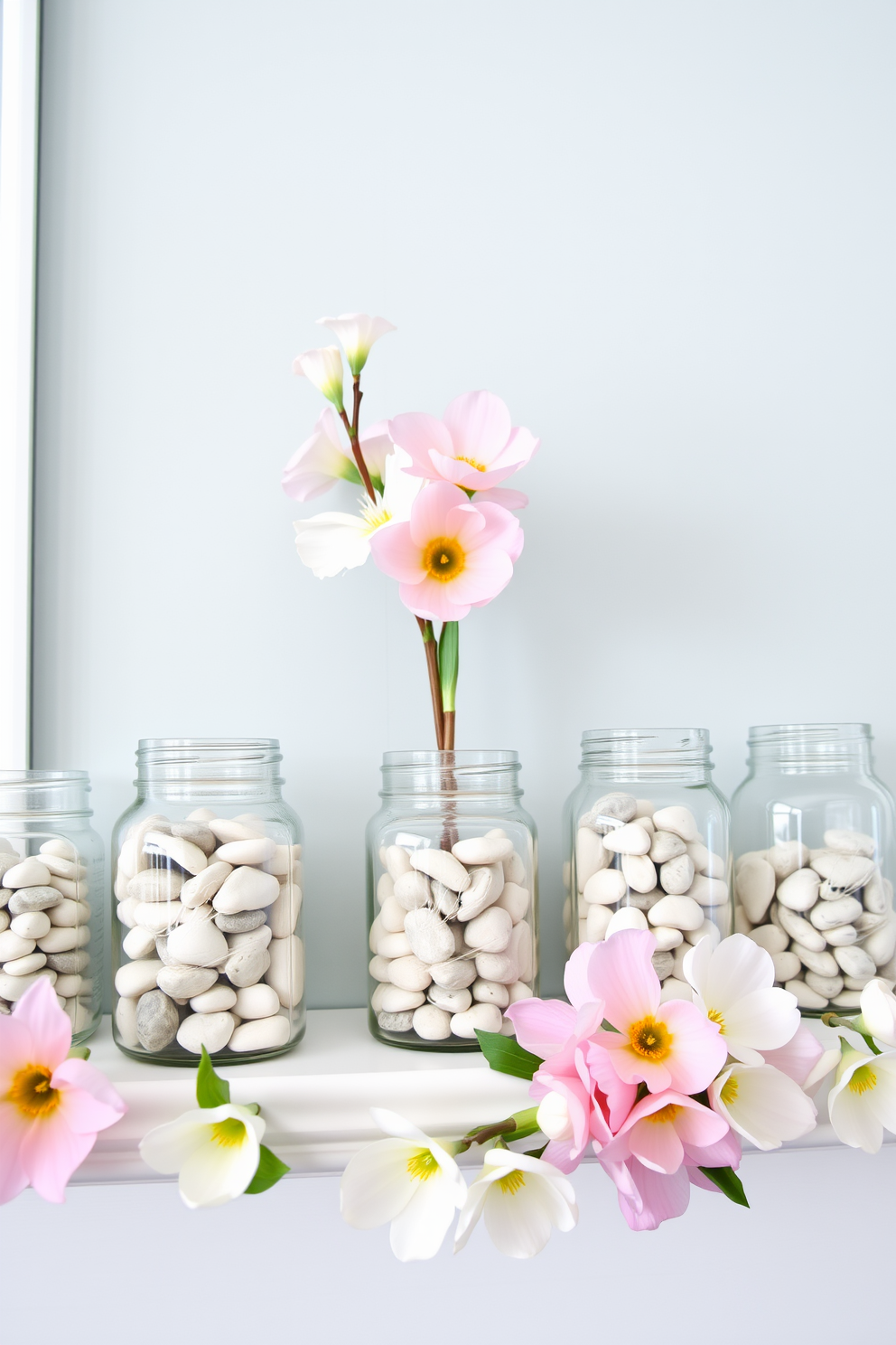 A charming spring mantel decorated with clear glass jars filled with smooth pebbles. The jars are arranged in varying heights, creating visual interest, and are complemented by fresh spring flowers in soft pastel colors.