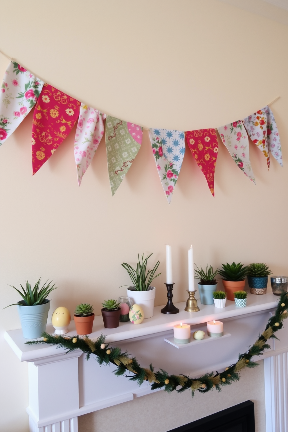 A vibrant display of colorful fabric bunting is elegantly strung along the mantel, adding a cheerful touch to the room. The bunting features a mix of floral and geometric patterns, creating a lively contrast against the soft pastel wall behind it. On the mantel, a collection of spring-themed decorations is arranged, including small potted plants and decorative eggs. Delicate candles in various heights are placed among the decor, providing a warm and inviting ambiance for the season.