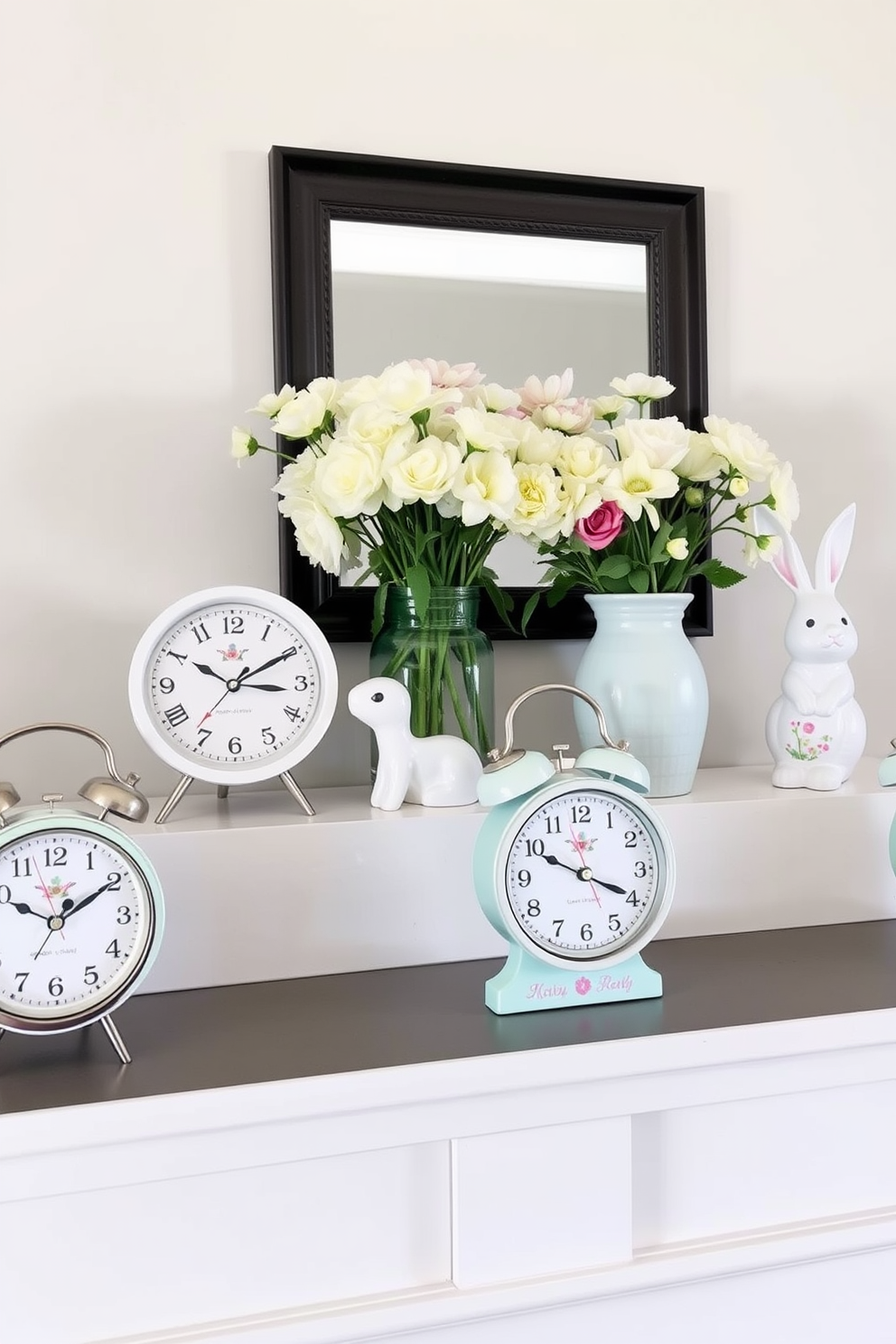 Chic table clocks with spring theme. The clocks feature pastel colors and floral designs, bringing a fresh and vibrant touch to any room. Spring Mantel Decorating Ideas. The mantel is adorned with blooming flowers in soft vases and decorative bunnies, creating a cheerful and inviting atmosphere.