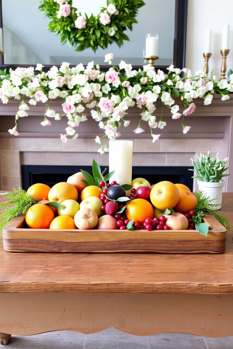 Artful arrangements of seasonal fruits create a vibrant and inviting atmosphere. A wooden tray filled with colorful fruits such as oranges, apples, and berries is placed on a rustic table, accompanied by fresh greenery for a touch of nature. Spring mantel decorating ideas feature pastel colors and floral accents. A delicate garland of blossoms drapes across the mantel, with decorative candles and small potted plants arranged artfully on either side.