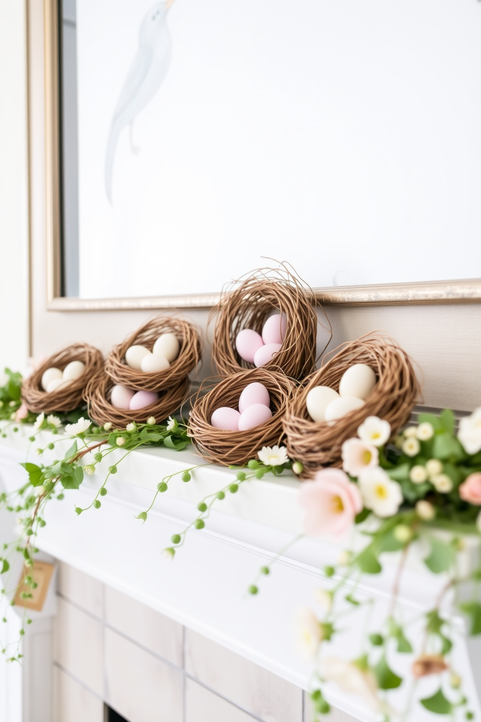 A charming spring mantel decorated with bird nests containing faux eggs in soft pastel colors. The mantel is adorned with delicate greenery and seasonal flowers, creating a fresh and inviting atmosphere.