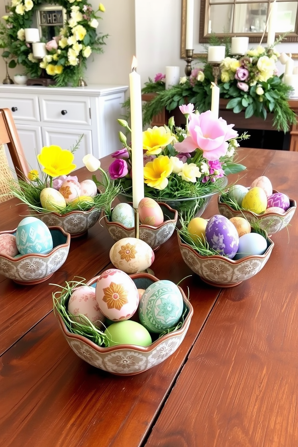 Colorful eggs in decorative bowls arranged artfully on a rustic wooden table. The bowls feature intricate patterns and vibrant colors, creating a festive atmosphere. Spring mantel decorating ideas include a mix of fresh flowers and seasonal accents. Soft pastels and natural elements such as greenery and candles enhance the cheerful ambiance.