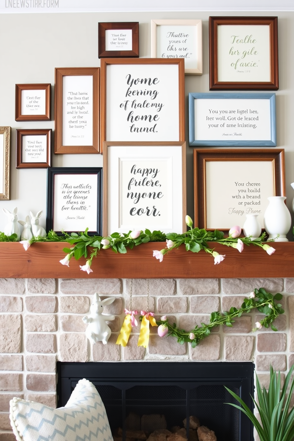 A cozy living room mantel adorned with beautiful frames showcasing inspirational quotes. The frames are in various sizes and finishes, creating an eclectic yet harmonious display above a rustic wooden mantel. Fresh spring decorations enhance the mantel's charm with pastel-colored flowers and greenery. Decorative elements like ceramic bunnies and colorful eggs add a playful touch to the seasonal decor.