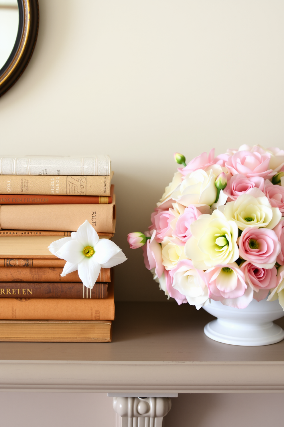 A charming mantel adorned with vintage books stacked neatly beside a vibrant bouquet of fresh spring blooms. The warm tones of the books complement the soft pastel colors of the flowers, creating a cozy and inviting atmosphere.