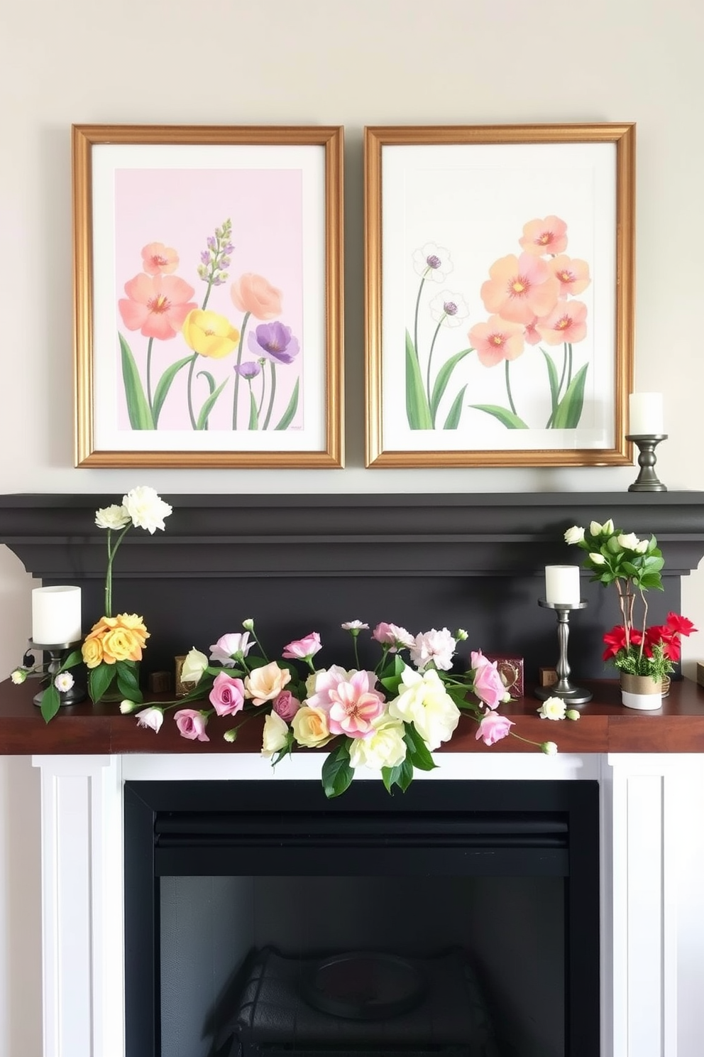 Framed spring art prints adorn the mantel, bringing vibrant colors and seasonal charm to the room. The mantel is decorated with fresh flowers in pastel hues, accompanied by decorative candles and small potted plants for a lively touch.