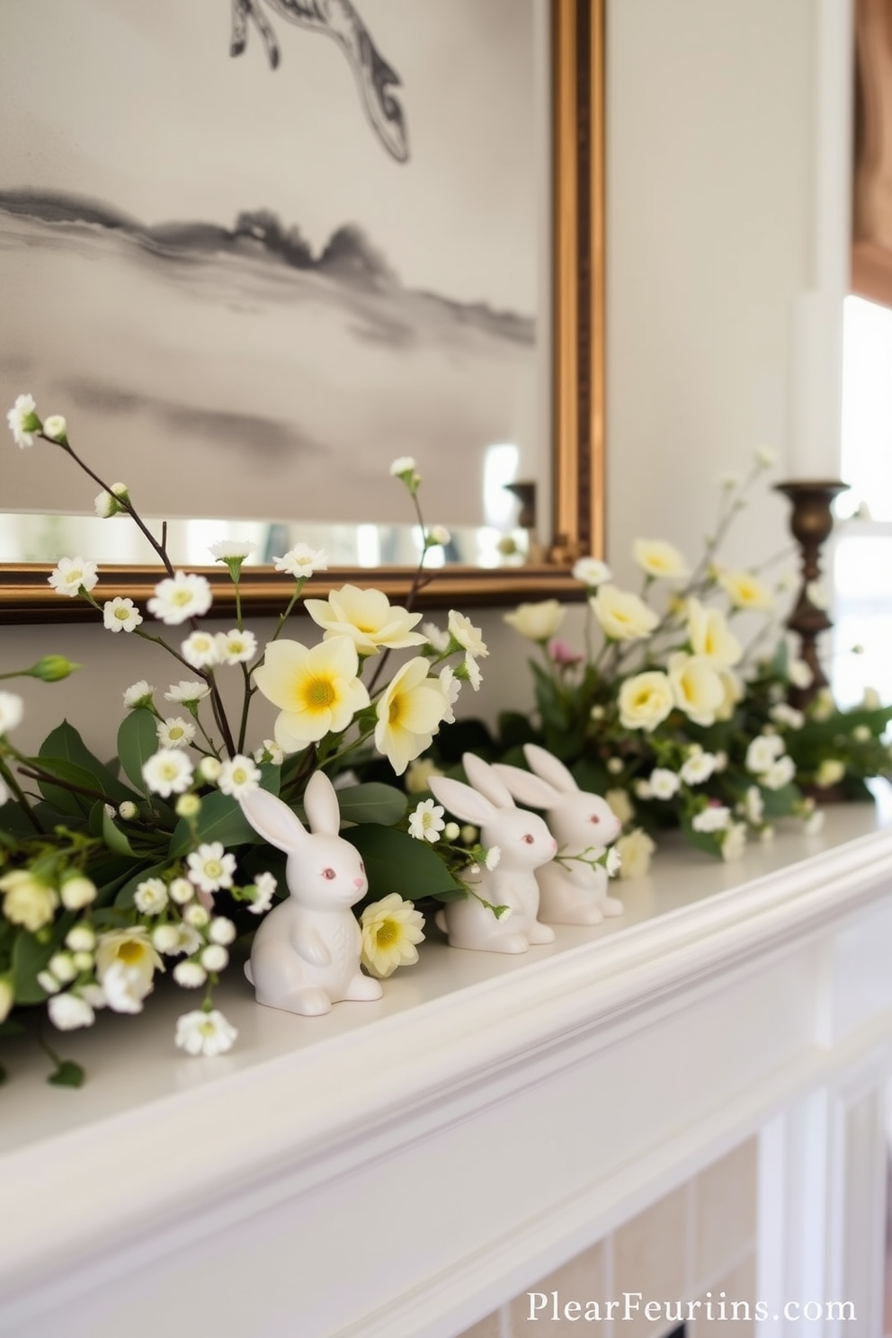 A charming spring mantel adorned with delicate floral accents. Nestled among the blooms are whimsical bunny figurines, adding a playful touch to the seasonal decor.