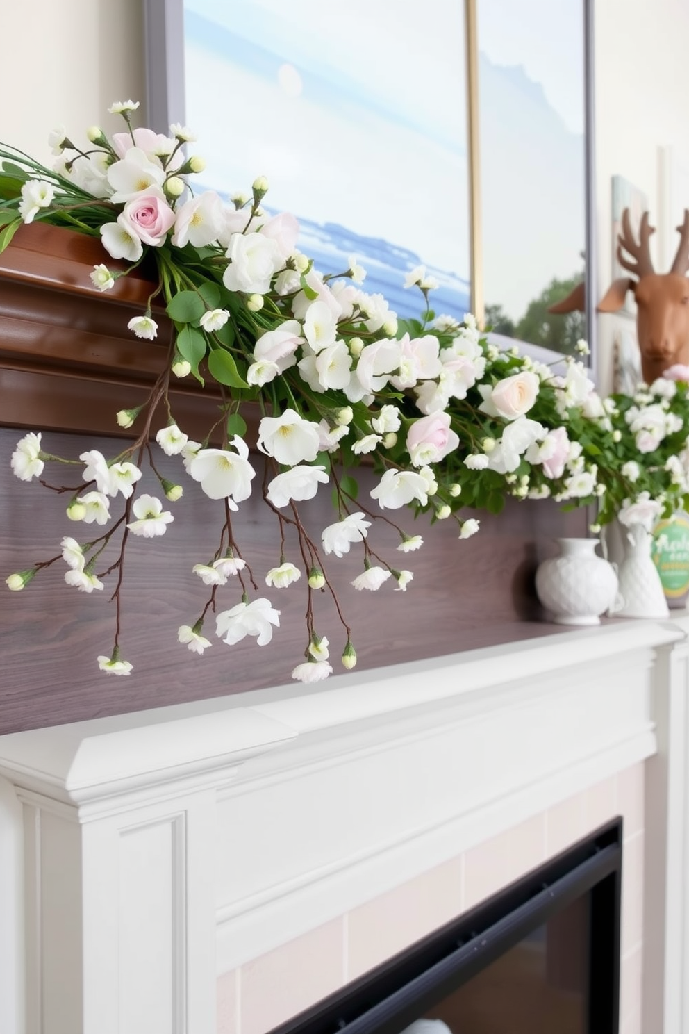 A lightweight garland is elegantly draped across the mantel, featuring delicate blooms and greenery that evoke the freshness of spring. The mantel is adorned with pastel-colored decorative items, creating a cheerful and inviting atmosphere.