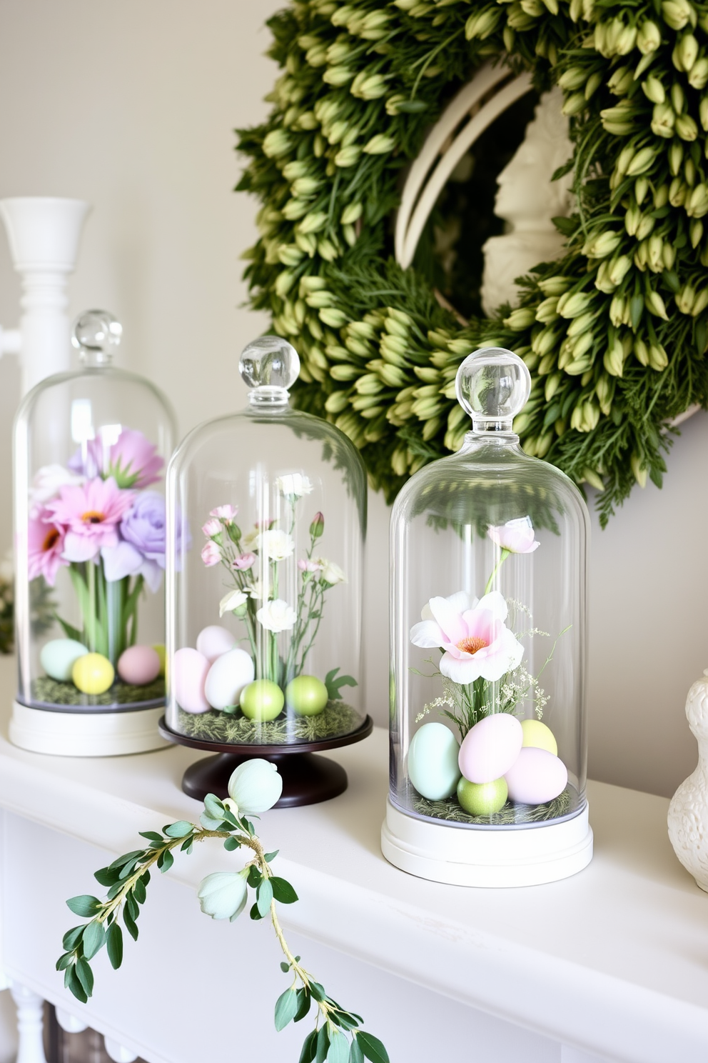 A cozy spring mantel adorned with glass cloches showcasing seasonal decor. Each cloche contains a unique arrangement of fresh flowers, pastel-colored eggs, and delicate greenery, creating a vibrant and inviting atmosphere.