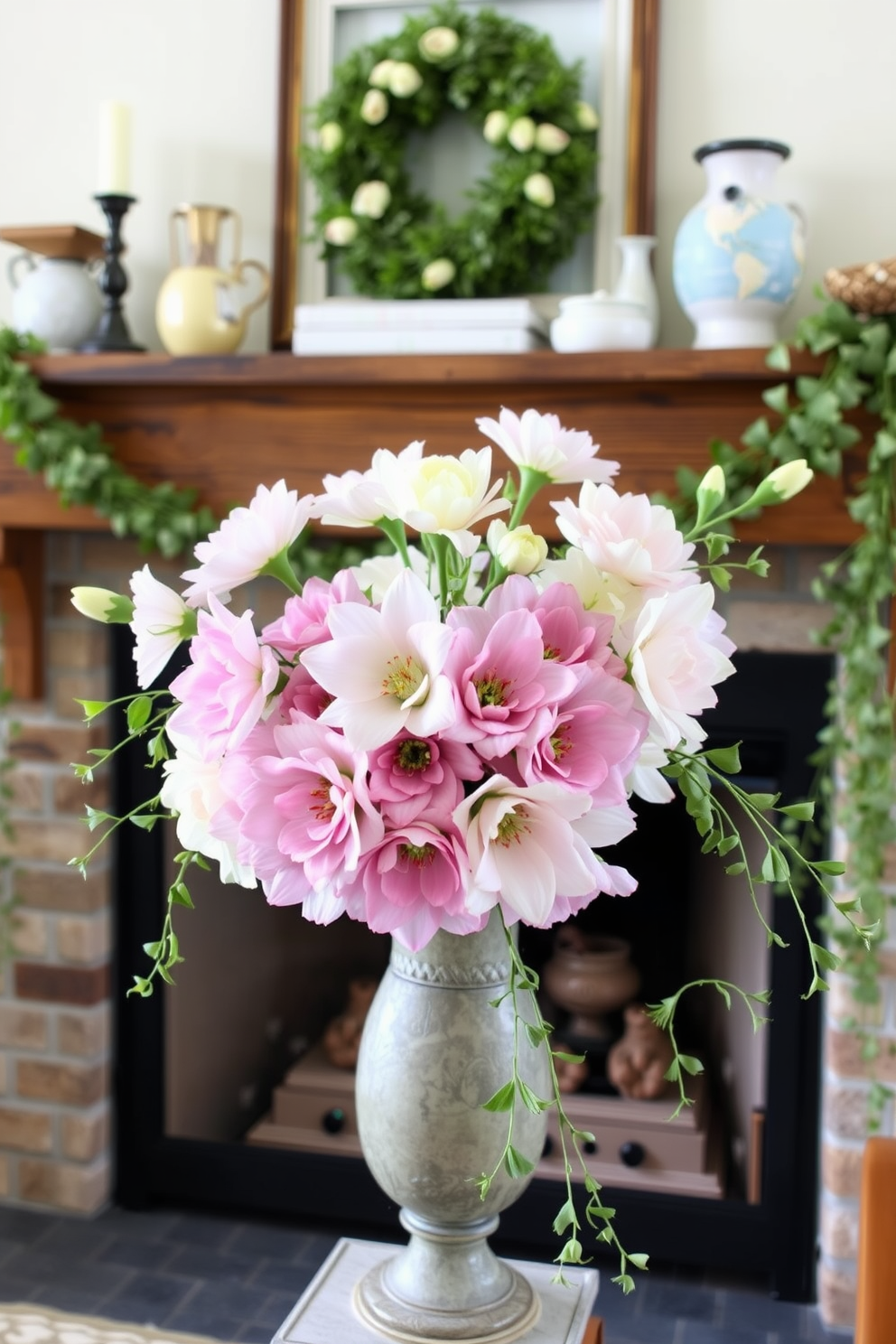 A cozy living room featuring a rustic wooden mantel adorned with seasonal spring decorations. Fresh flowers in pastel hues are arranged in a vintage vase, complemented by delicate greenery cascading from the sides.