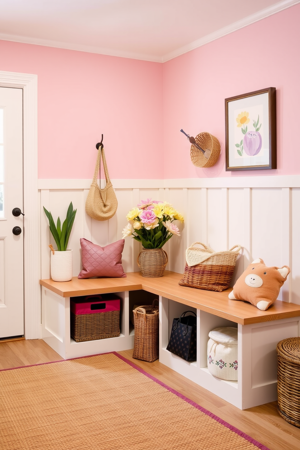 Brighten the walls with soft pastel paint colors that create a light and airy atmosphere. Incorporate functional storage solutions like built-in benches and hooks to keep the space organized and inviting. Add decorative elements such as colorful baskets and cheerful artwork to enhance the spring theme. Use natural materials like wood and wicker to bring warmth and texture to the mudroom decor.