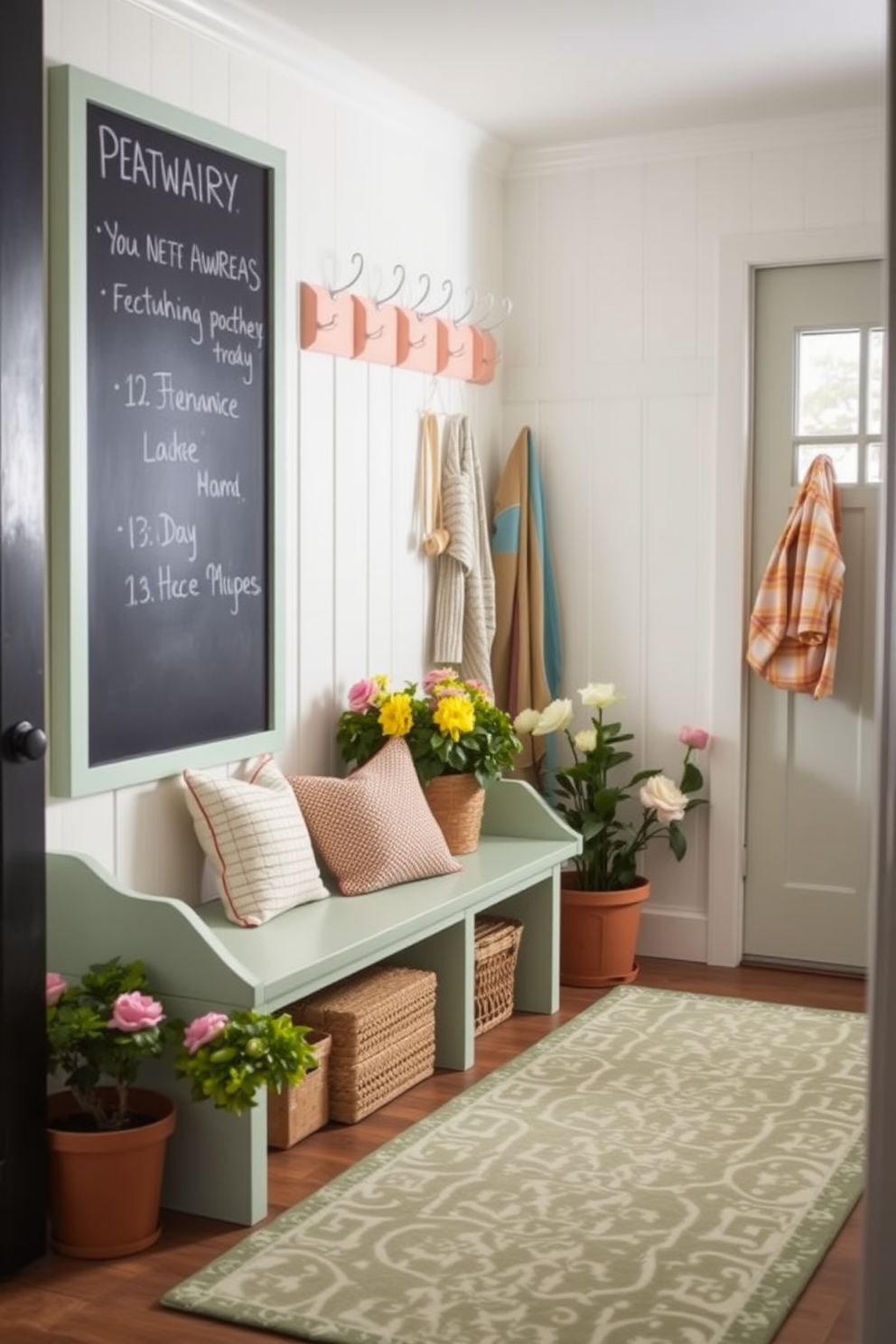 A bright and inviting mudroom features a large chalkboard mounted on the wall for notes and reminders. The space is adorned with pastel-colored hooks for hanging jackets and bags, alongside a cozy bench with soft cushions for added comfort. The floor is covered with a durable and stylish patterned rug that complements the spring theme. Potted plants and fresh flowers are placed near the entrance, adding a touch of nature and warmth to the decor.