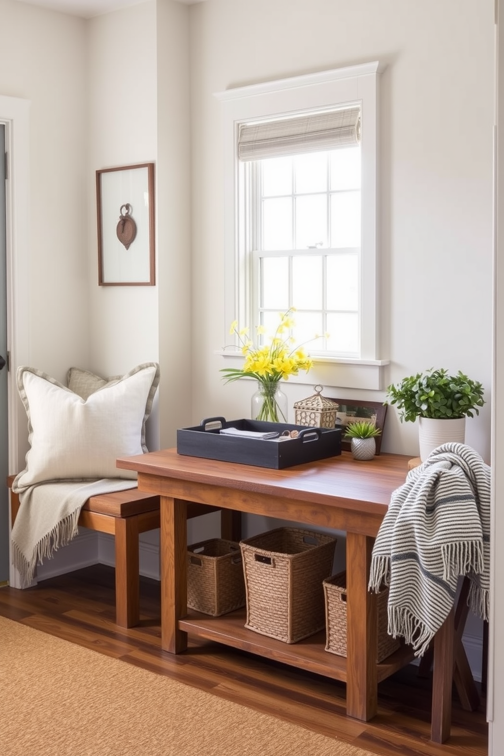 A welcoming mudroom features a stylish bench adorned with plush cushions and a soft throw blanket. Decorative trays for keys and mail are neatly arranged on a rustic wooden console table, enhancing both functionality and charm. The walls are painted in a light pastel hue, creating an airy atmosphere. Potted plants and seasonal decor add a refreshing touch, inviting a sense of spring into the space.