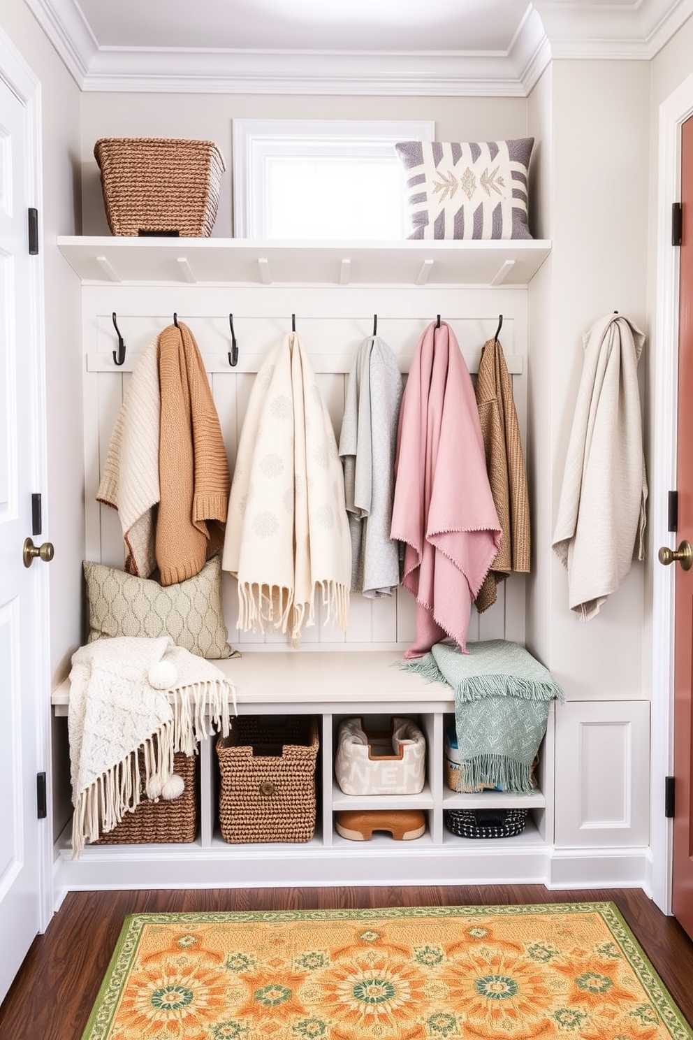 A cozy mudroom adorned with layered textures featuring soft throw blankets in various shades of pastel. The space includes a bench with built-in storage, surrounded by hooks for coats and a cheerful rug underfoot.