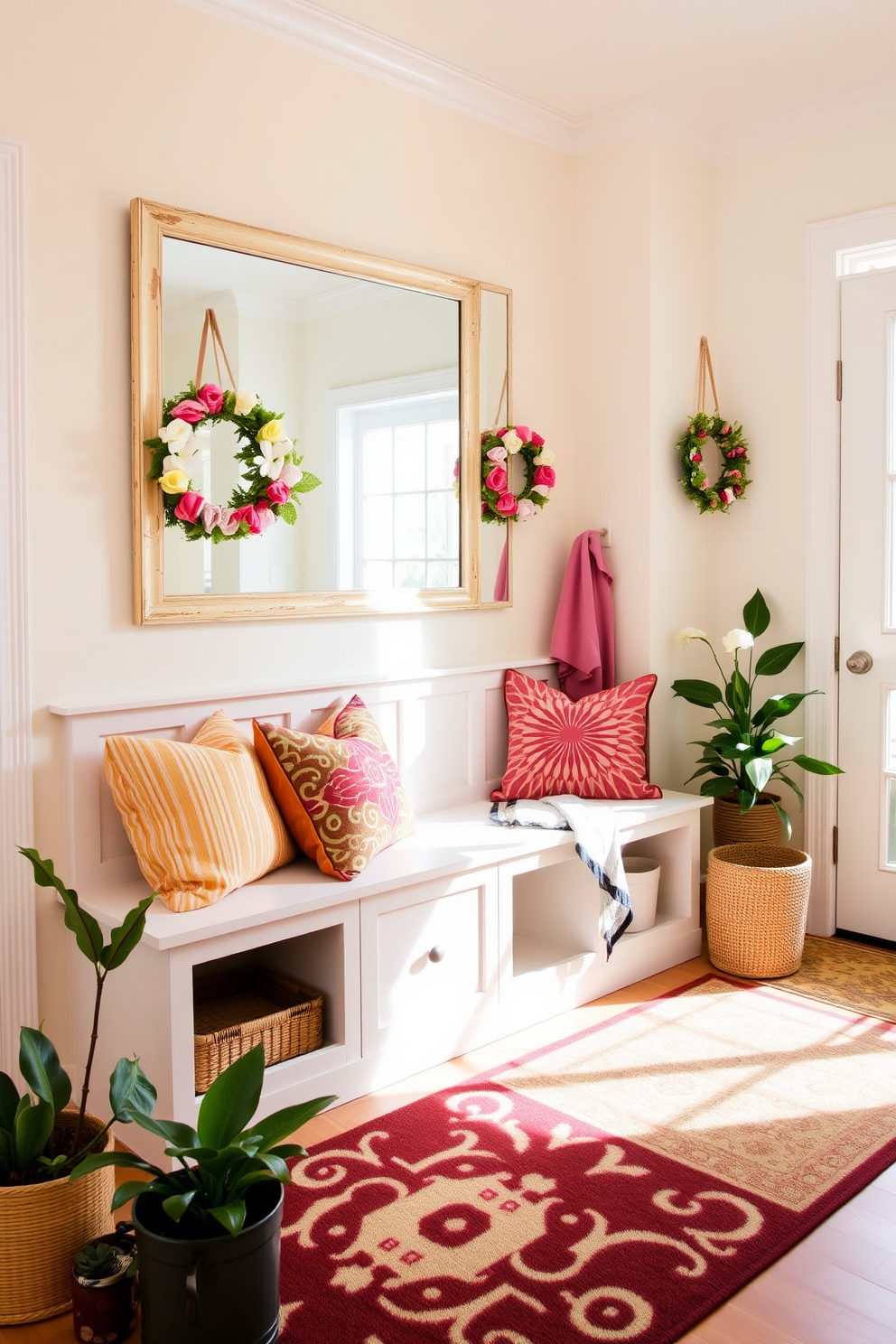 A bright and inviting mudroom features a spacious bench with built-in storage underneath. The walls are painted a soft pastel hue, and a large mirror is mounted above the bench to reflect natural light and create an airy feel. Colorful spring decorations adorn the space, including floral wreaths and vibrant throw pillows. A stylish area rug adds warmth to the floor, while potted plants bring a touch of nature indoors.