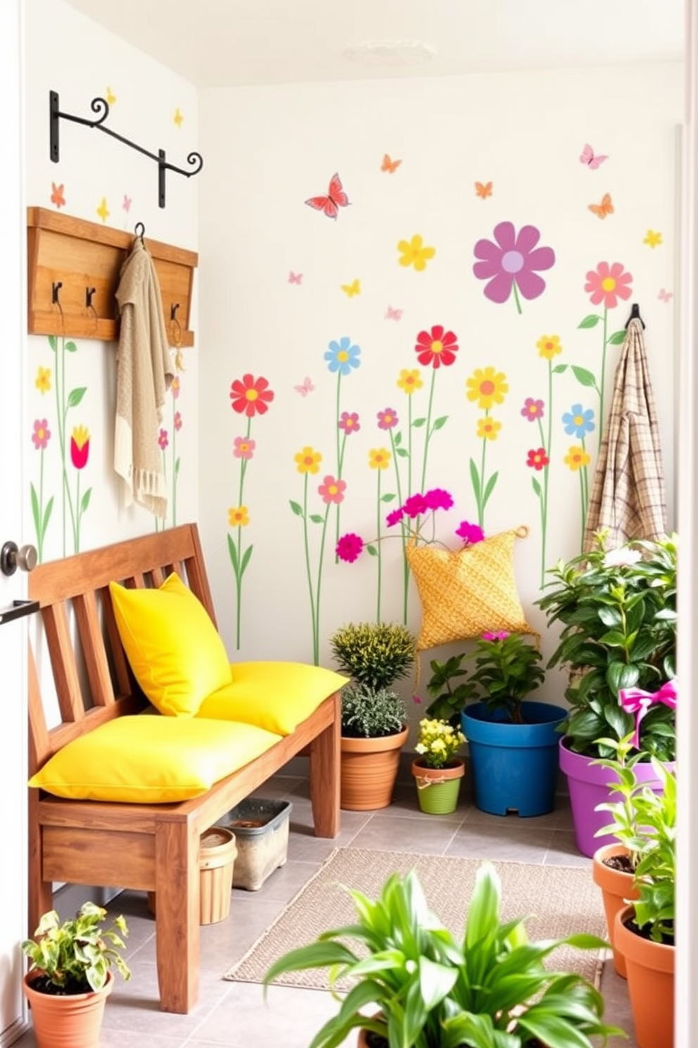 A vibrant mudroom filled with spring-inspired decor. The walls are adorned with playful wall decals featuring colorful flowers and butterflies, creating a cheerful atmosphere. A rustic wooden bench is placed against the wall, complemented by bright yellow cushions. Potted plants in various sizes are arranged near the entrance, adding a touch of greenery and freshness to the space.