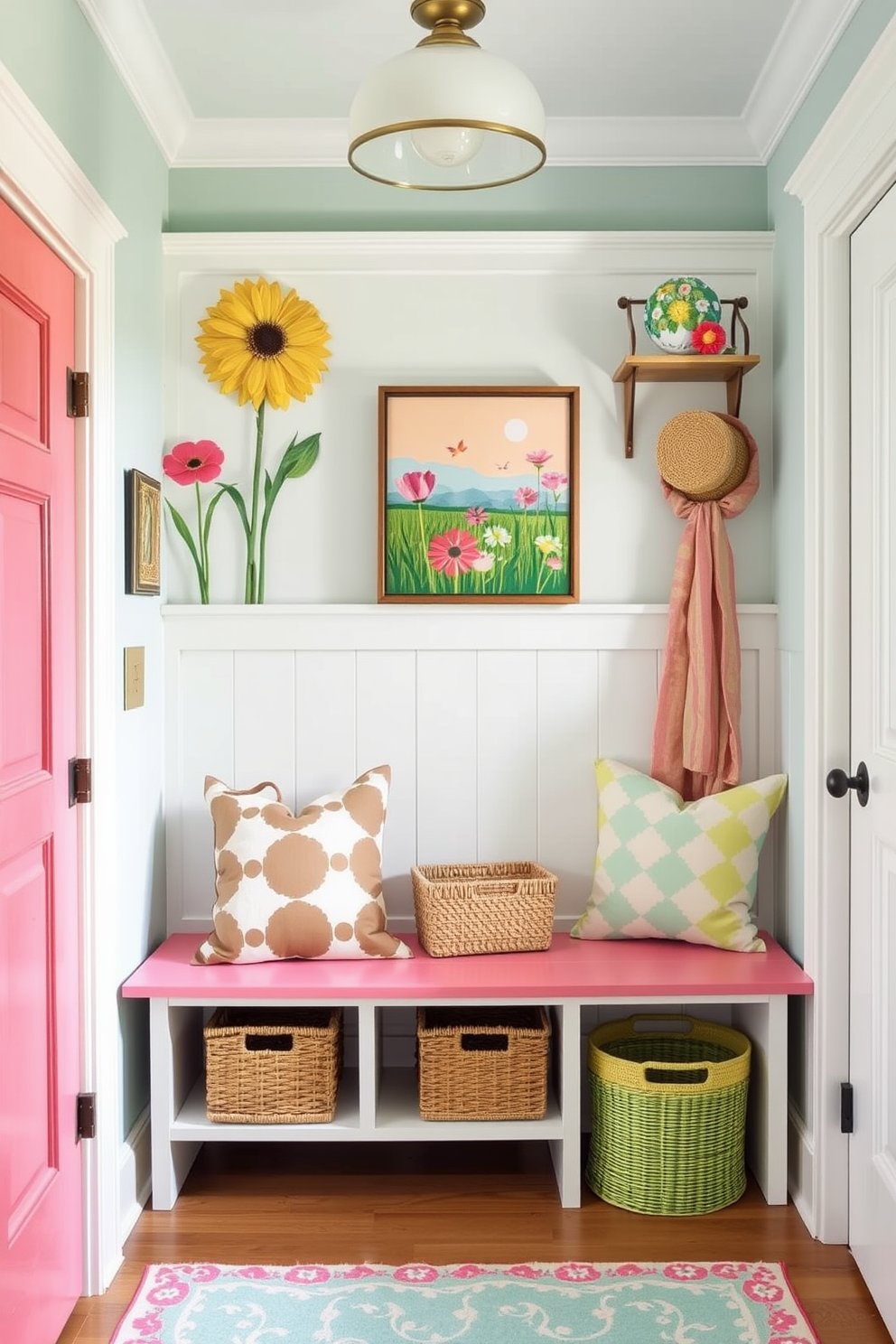 Create a vibrant mudroom that welcomes spring with open arms. Incorporate colorful artwork featuring floral patterns and bright landscapes to inspire a cheerful atmosphere. Use a mix of functional storage solutions like hooks and benches in pastel colors. Add playful accessories such as patterned rugs and decorative baskets to enhance the inviting feel.