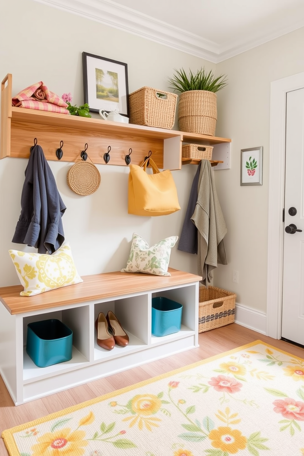 Create a shoe organization system that includes a combination of open shelves and closed storage bins. The design features a sleek wooden bench for seating, with hooks above for coats and bags, all set against a light pastel wall color. Spring Mudroom Decorating Ideas should incorporate vibrant colors and floral patterns to bring in a fresh feel. Use natural materials like wicker baskets for storage and add a cheerful rug to define the space.