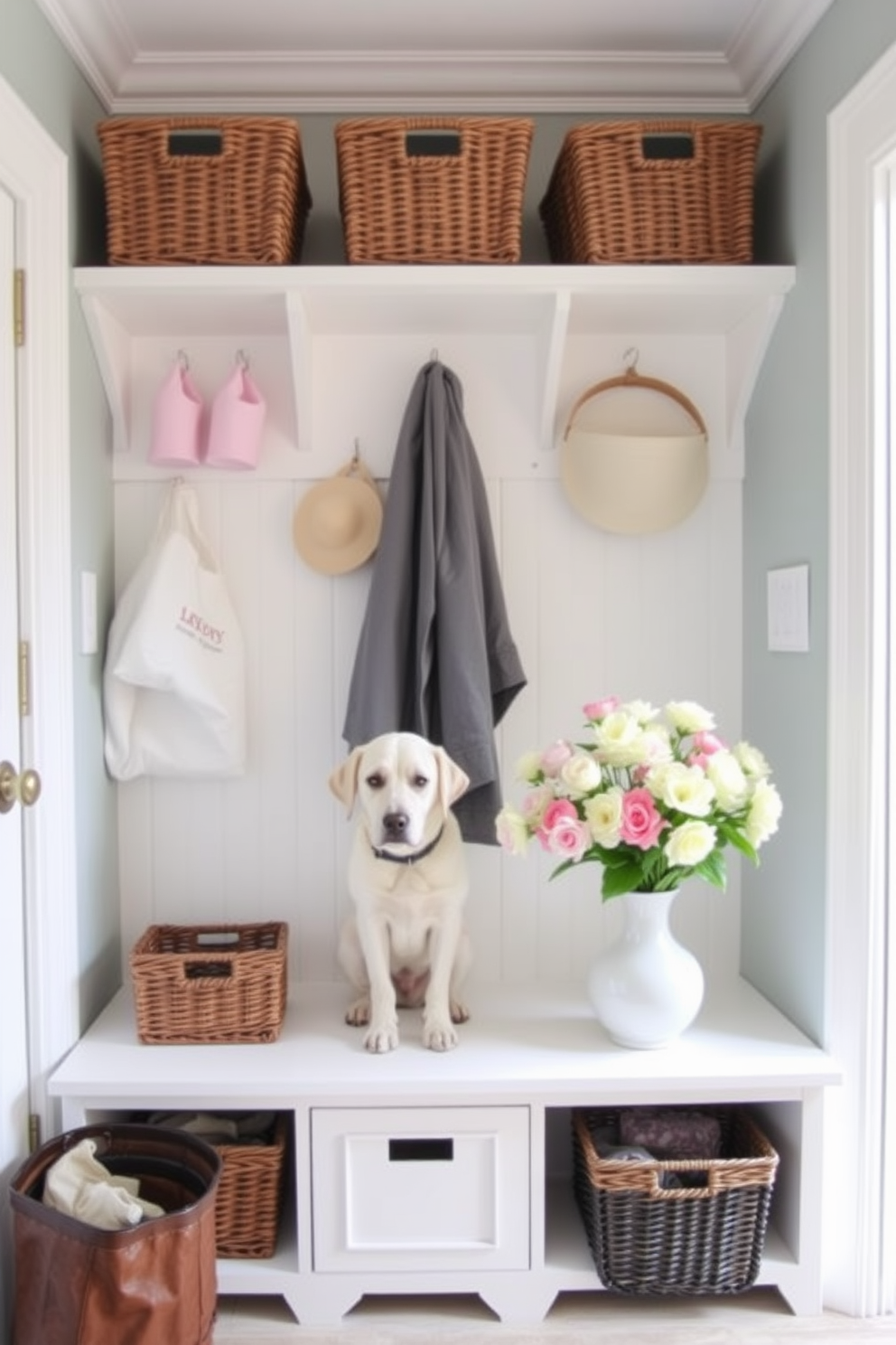 A bright and inviting mudroom features a designated pet station with stylish storage for supplies. The area is adorned with cheerful spring decor, including pastel-colored baskets and fresh flowers in a vase.