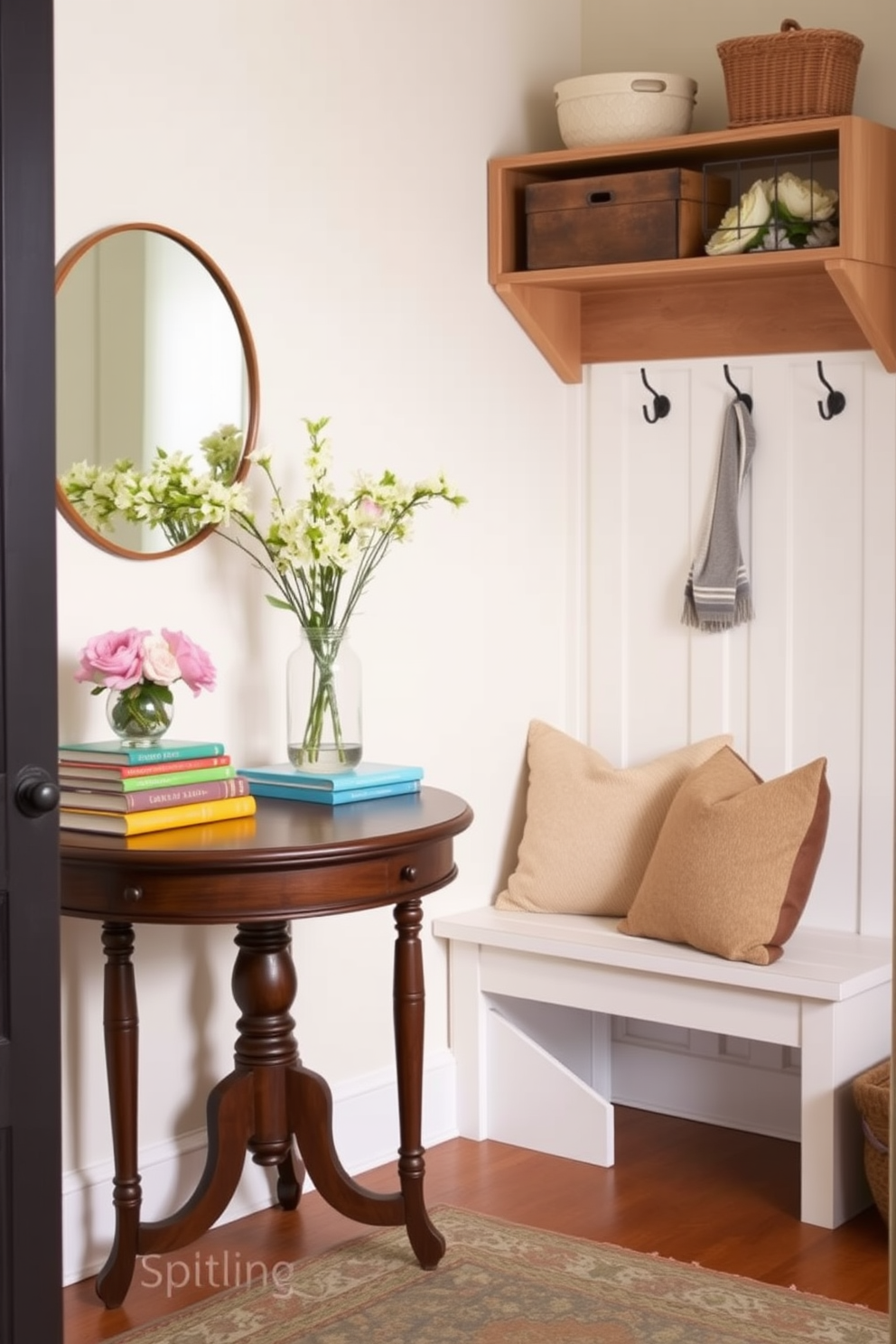 A charming mudroom setting designed for spring. The space features a small wooden table adorned with decorative items like a vase of fresh flowers and a stack of colorful books. The walls are painted in a soft pastel hue, creating a light and inviting atmosphere. A cozy bench with plush cushions is positioned against the wall, complemented by hooks for hanging jackets and a stylish rug underfoot.