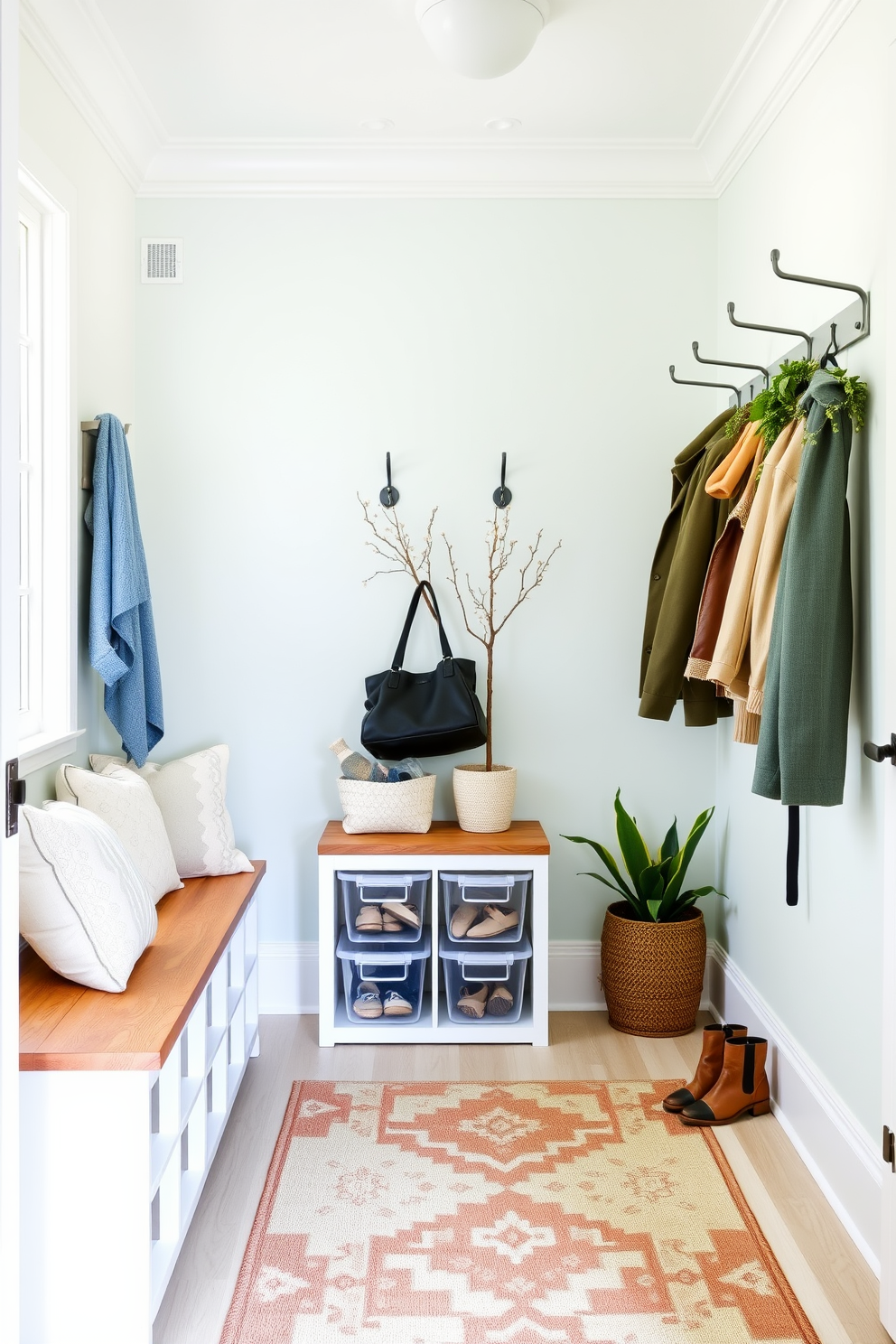 A bright and airy mudroom featuring clear storage bins for easy visibility. The walls are painted in a soft pastel color, and a wooden bench with cushions sits against one side, providing a cozy spot to sit and take off shoes. On the opposite wall, hooks are mounted for hanging coats and bags, while a stylish rug adds warmth to the space. Potted plants are placed near the window, bringing a touch of nature indoors to enhance the spring theme.