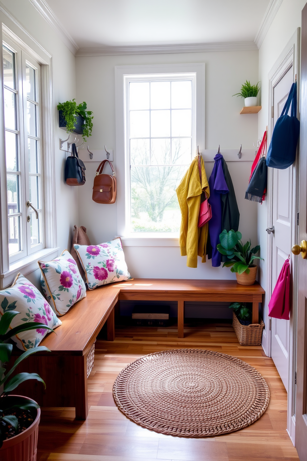 A charming mudroom adorned with floral patterned cushions on a wooden bench. The walls are painted a soft pastel color, and natural light floods in through a large window, illuminating the space. On the floor, a woven rug adds warmth while hooks on the wall hold colorful jackets and bags. Potted plants in the corners bring a touch of greenery, creating a welcoming atmosphere.