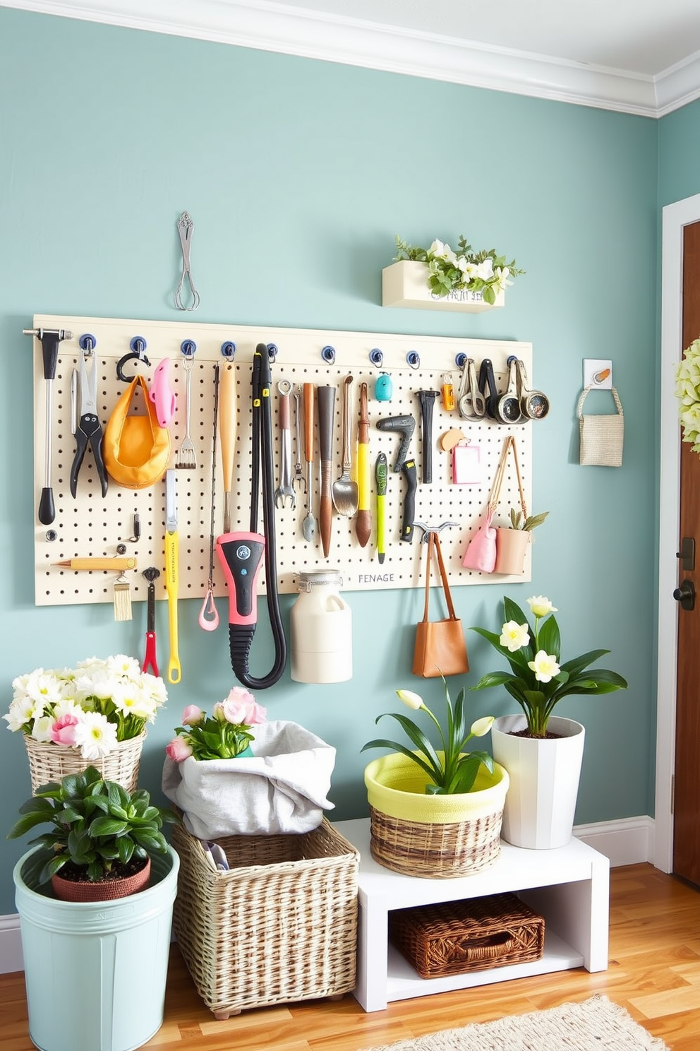 A welcoming mudroom features a stylish pegboard mounted on the wall, showcasing an array of neatly organized tools and accessories. The space is adorned with cheerful spring decor, including pastel-colored baskets and potted plants that bring a fresh, vibrant feel.