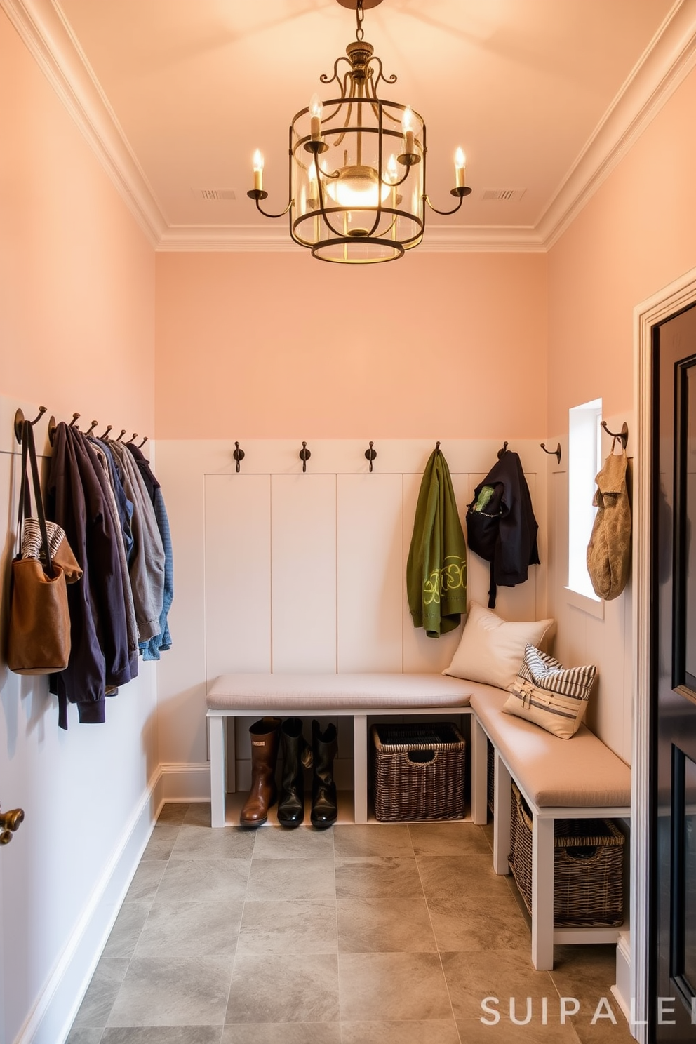 A bright and inviting mudroom features a statement light fixture that hangs elegantly from the ceiling, casting a warm glow throughout the space. The walls are adorned with soft pastel colors, and a cozy bench with plush cushions provides a welcoming spot to sit and remove shoes. The floor is covered with durable, textured tiles that can withstand muddy boots, while a series of hooks line the wall for hanging coats and bags. Decorative baskets are placed underneath the bench for storing outdoor accessories, adding both functionality and style to the room.