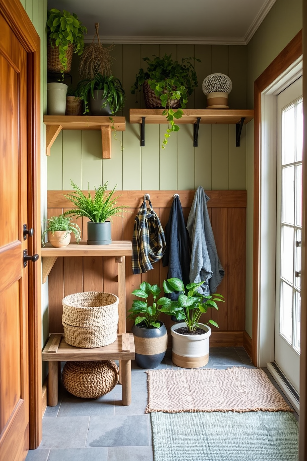 Create a welcoming mudroom that emphasizes eco-friendly materials and decor. Incorporate reclaimed wood for shelving and storage, and use natural fiber rugs to add texture and warmth. Add potted plants to bring life into the space, choosing low-maintenance varieties that thrive in indoor conditions. Use a soft color palette inspired by nature, such as sage green and earthy browns, to create a calming atmosphere.