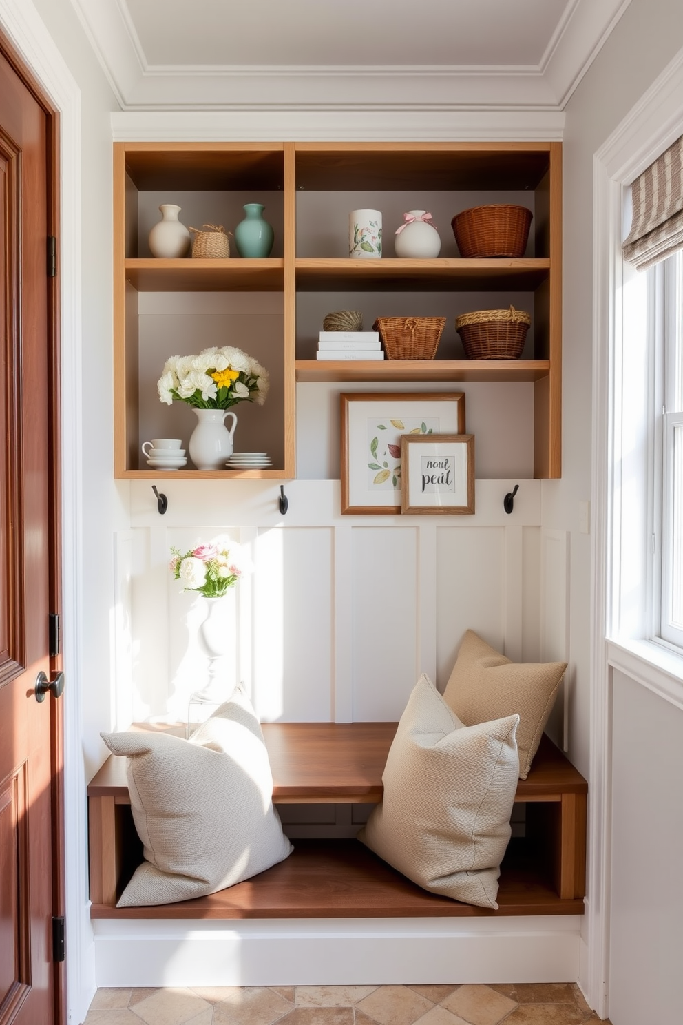 A bright and inviting mudroom featuring open shelves adorned with seasonal decor. On the shelves, display pastel-colored vases filled with fresh flowers, along with decorative baskets and framed seasonal artwork. The walls are painted in a light, airy hue to enhance the natural light coming in from a nearby window. A cozy bench with soft cushions sits below the shelves, providing a perfect spot for putting on shoes or enjoying a moment of relaxation.