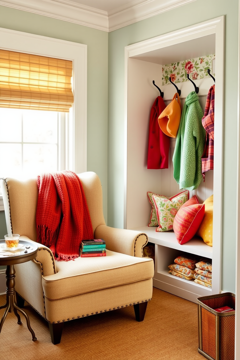 Create a cozy reading nook with a plush armchair upholstered in soft fabric positioned near a large window. A small side table holds a steaming cup of tea and a stack of books, while a warm throw blanket drapes over the armchair. Design a spring mudroom with pastel colored walls and a cheerful floral wallpaper accent. A bench with storage underneath is adorned with colorful cushions, and hooks on the wall are filled with bright jackets and hats.