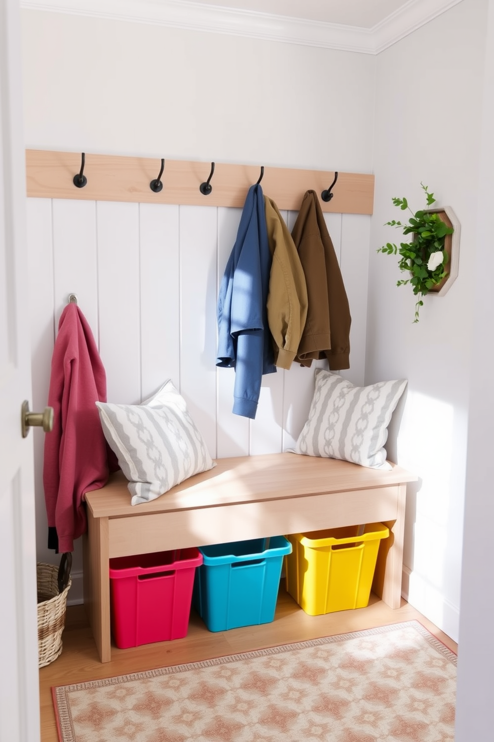 A cozy mudroom designed for spring. The space features a light wood bench with soft cushions and hooks above for hanging jackets, while a small indoor plant adds a touch of greenery in the corner. The walls are painted in a soft pastel hue, complementing a patterned rug on the floor. Brightly colored storage bins are neatly arranged under the bench, creating an inviting and organized atmosphere.