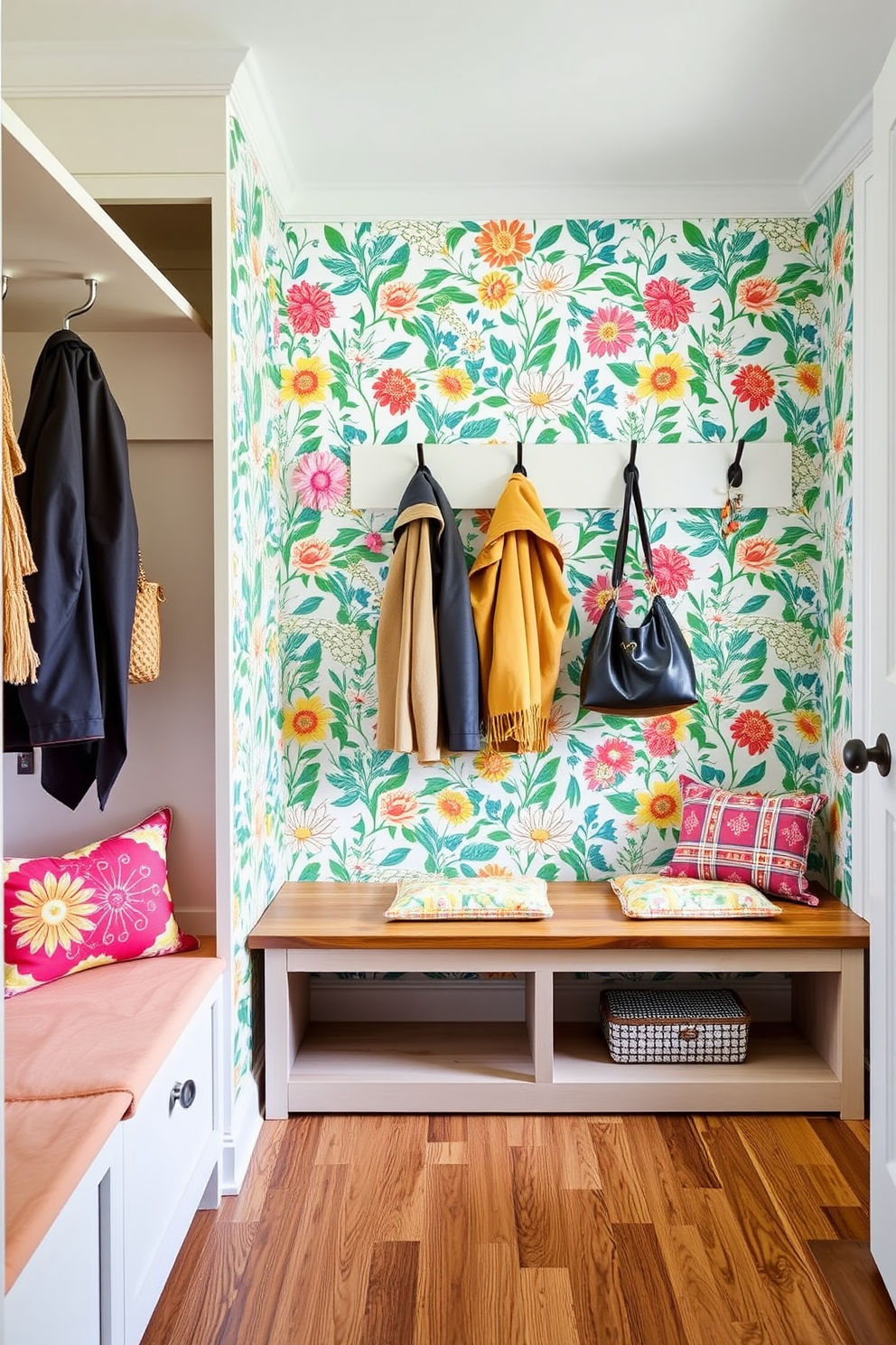 A vibrant mudroom featuring a playful floral wallpaper that adds a touch of whimsy to the space. The room includes a wooden bench with colorful cushions and hooks for hanging jackets and bags.