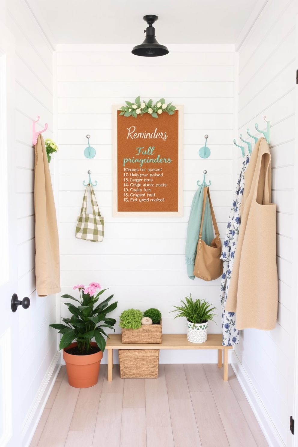 A charming mudroom designed for springtime with a bright and airy feel. The space features a corkboard mounted on the wall for reminders, surrounded by pastel-colored hooks for hanging coats and bags. The flooring is a light wood that complements the white shiplap walls. Potted plants and cheerful decor items add a fresh touch, creating an inviting atmosphere for family and guests.