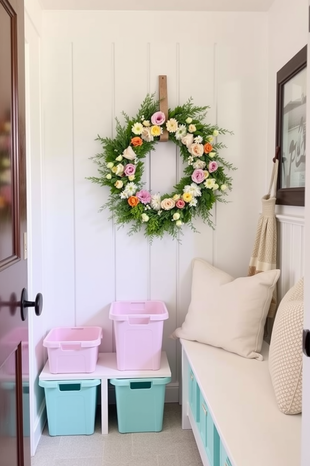 A cheerful mudroom decorated for spring features a vibrant seasonal wreath made of fresh flowers and greenery hanging on the door. The space is brightened with pastel-colored storage bins and a cozy bench adorned with soft cushions, inviting warmth and functionality.