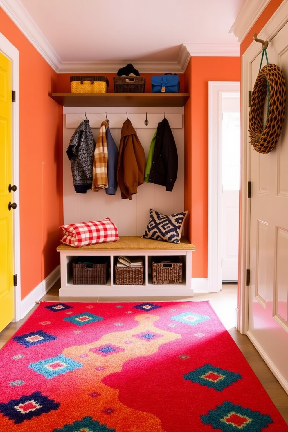 A vibrant and inviting mudroom features a colorful area rug that adds warmth and character to the space. The walls are adorned with hooks for coats and a bench with storage underneath, creating a functional yet stylish entryway.