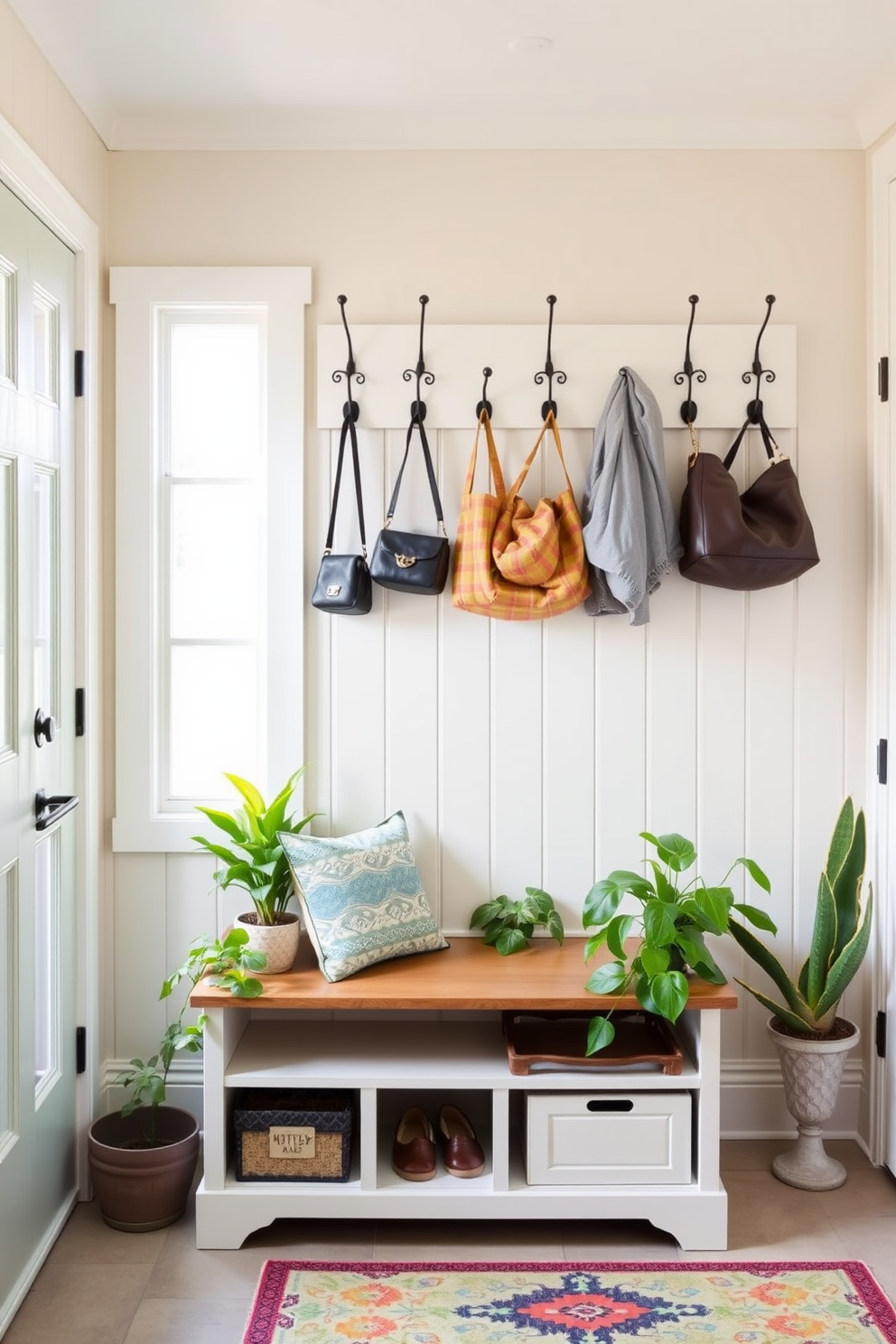 A bright and inviting mudroom features a combination of functional hooks and stylish decor. The walls are painted in a soft pastel color, and a bench with storage underneath provides a cozy spot to sit while putting on shoes. Above the bench, a series of decorative hooks are arranged for hanging coats and bags, adding both practicality and charm. Potted plants and a colorful rug complete the space, creating a welcoming atmosphere for family and guests.