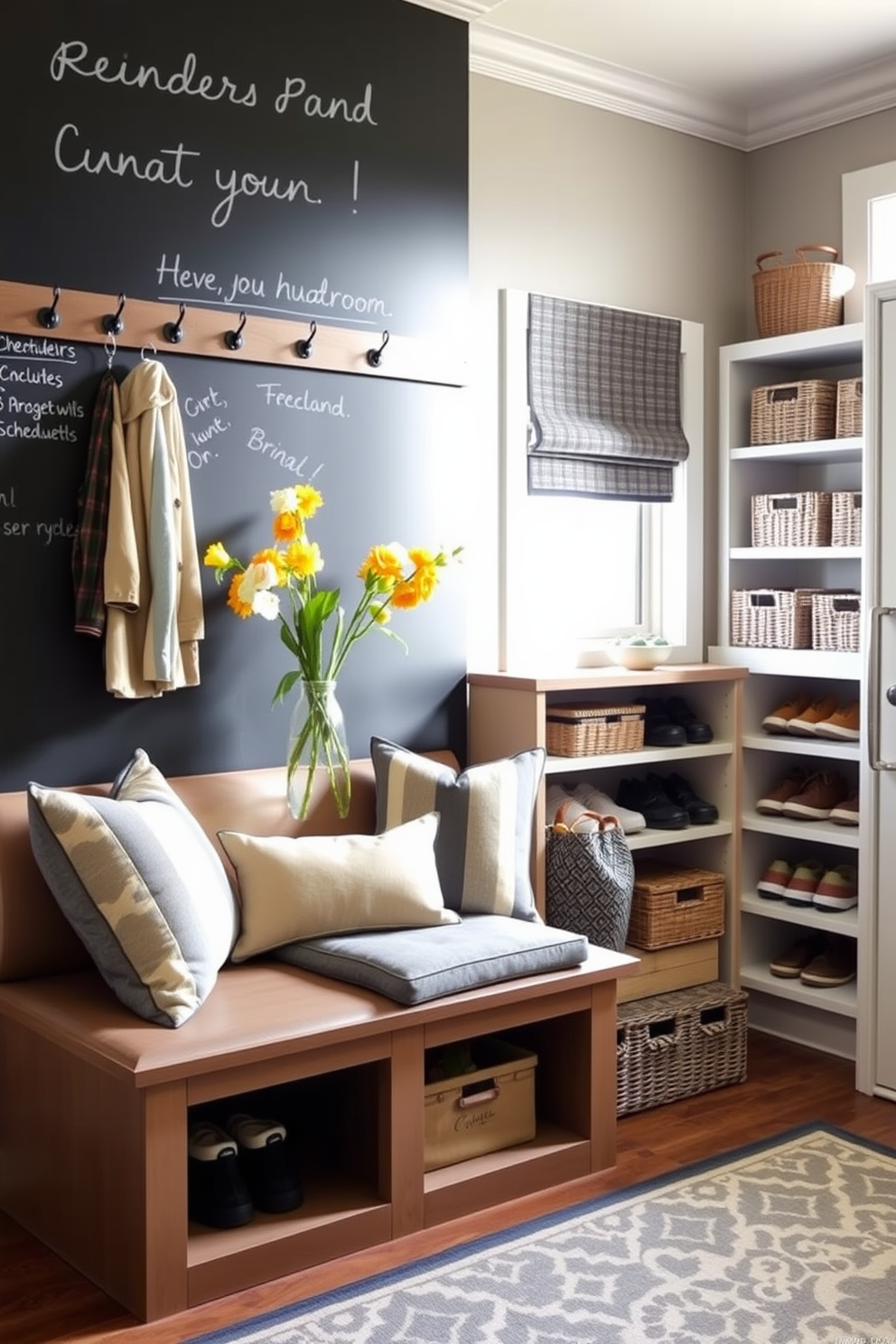 A stylish mudroom command center features a built-in bench with plush cushions and storage cubbies underneath. Above the bench, a large chalkboard wall provides a space for reminders and schedules, while hooks line the wall for hanging coats and bags. The decor includes vibrant spring colors with fresh flowers in a vase and a patterned rug that adds warmth to the space. Natural light floods in through a nearby window, illuminating the organized shelves filled with baskets for shoes and outdoor gear.