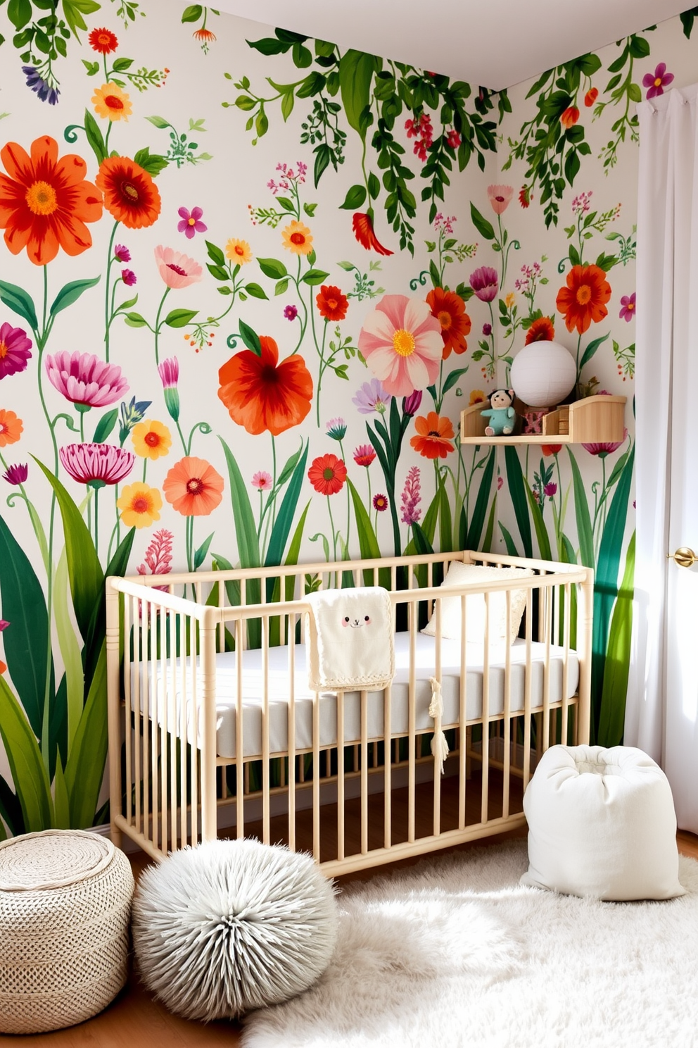 A vibrant nursery setting adorned with garden-inspired wallpaper featuring colorful flowers and lush greenery. The room is filled with soft natural light, and a cozy crib sits against the wall, complemented by a plush area rug and whimsical decorations.