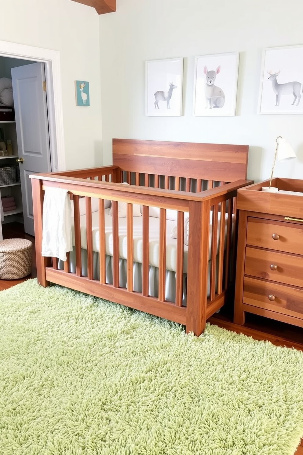 A cozy spring nursery with wooden furniture creates a warm and inviting atmosphere. The crib is crafted from reclaimed wood, and a matching changing table sits nearby, adorned with soft pastel linens. A plush area rug in soft green covers the floor, providing a comfortable play space. Wall art featuring whimsical animals adds a playful touch to the serene environment.