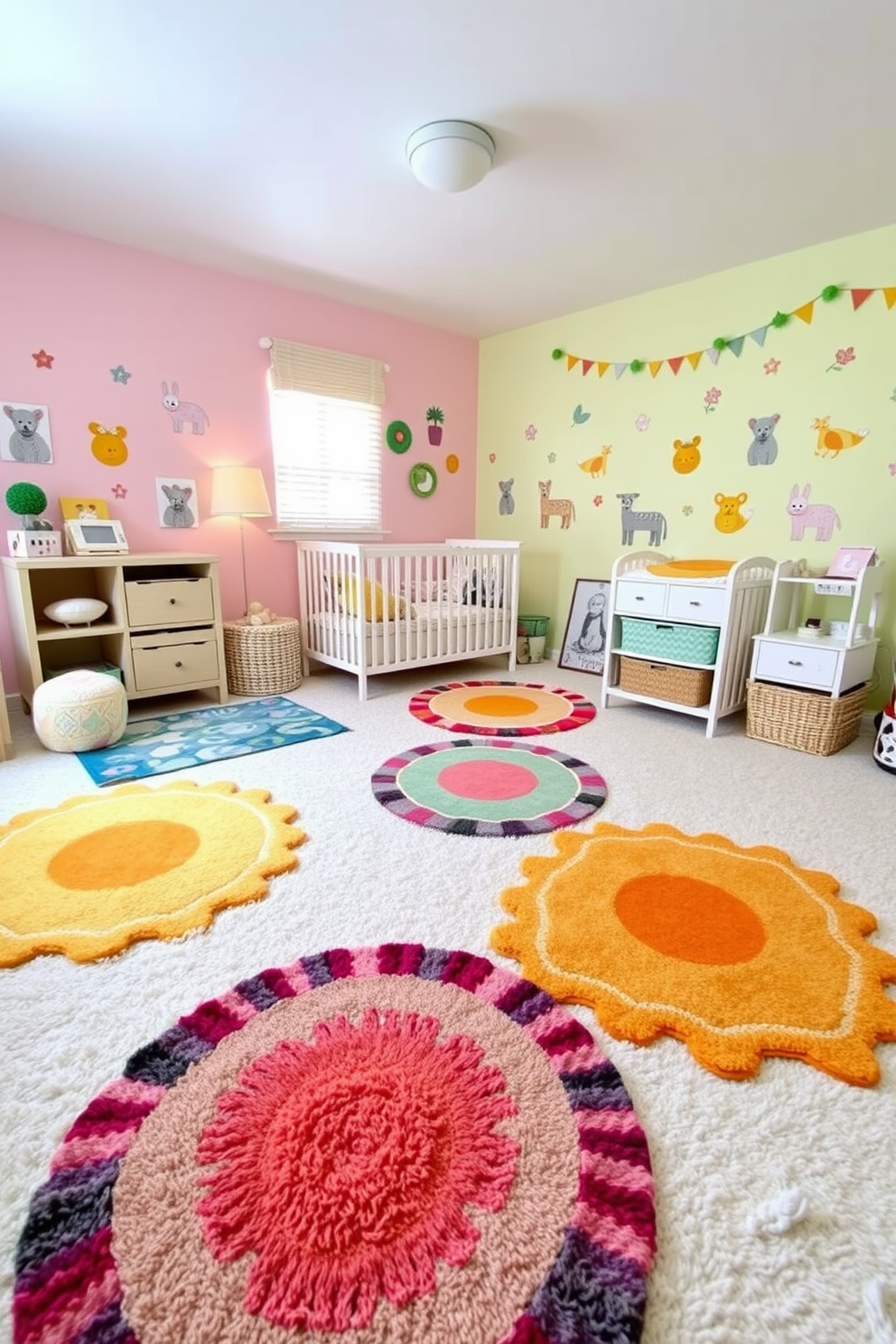 Bright colored rugs are scattered across the soft white carpet, creating a warm and inviting atmosphere. The nursery features pastel-colored walls adorned with whimsical animal prints, complemented by cheerful decorations that celebrate the joys of spring.