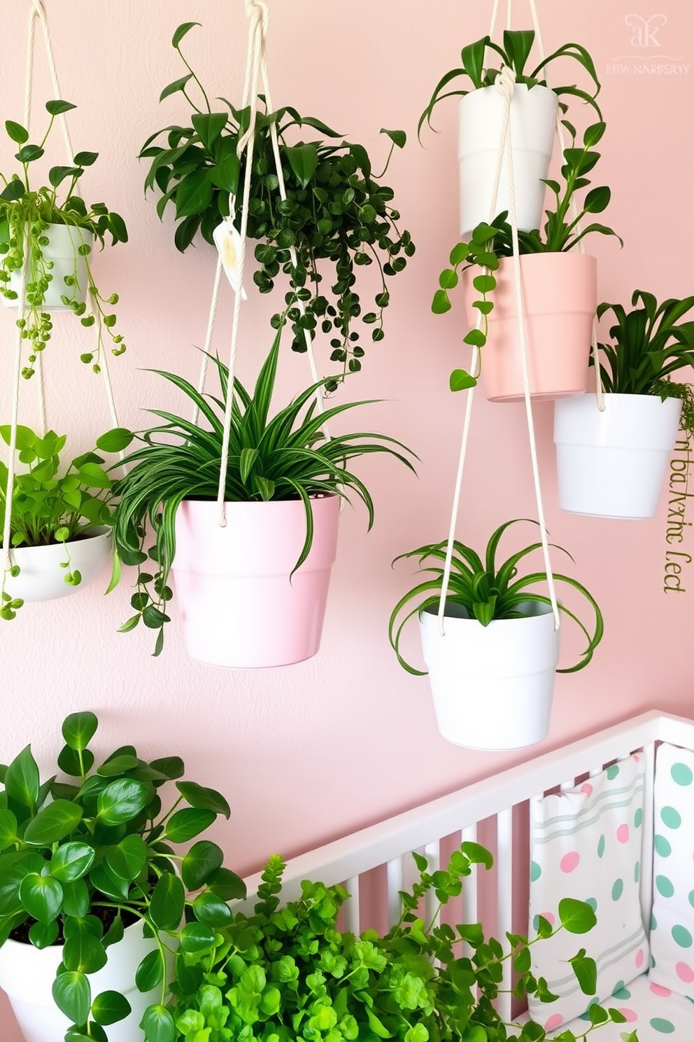 Hanging planters adorned with lush green plants create a vibrant vertical garden that brings life to any space. Soft pastel colors and playful patterns in the nursery decor complement the greenery, creating a cheerful and inviting atmosphere.