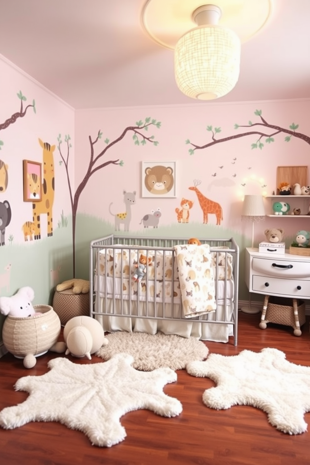 A whimsical nursery adorned with animal-themed decor that brings playful charm to the space. The walls are painted in soft pastel colors, featuring cute animal murals that create a vibrant and inviting atmosphere. A cozy crib is dressed in bedding featuring playful animal prints, complemented by plush toys scattered around. Soft rugs in the shape of animals add comfort and fun, while whimsical wall art completes the cheerful design.