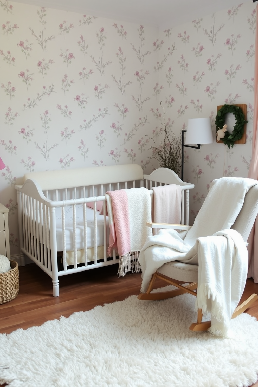 A serene nursery filled with soft pastel colors. The room features a plush crib adorned with soft wool blankets in shades of mint and blush, creating a cozy atmosphere. A comfortable rocking chair sits in the corner, draped with a light wool throw for added warmth. Delicate floral wallpaper adds a touch of whimsy, while a plush area rug anchors the space.