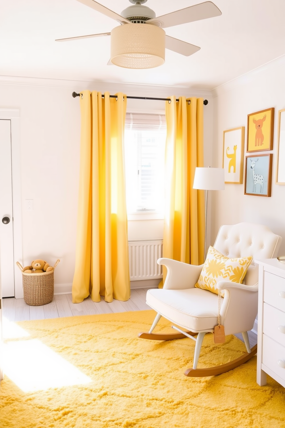 A bright and cheerful nursery filled with sunshine yellow accents. Soft yellow curtains gently filter the sunlight, while a cozy yellow rug anchors the space. The walls are adorned with playful animal-themed artwork in complementary colors. A comfortable rocking chair in a soft fabric sits in one corner, inviting moments of relaxation.