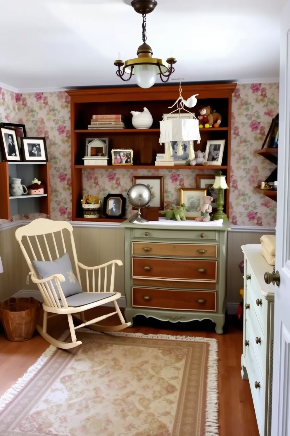 A charming nursery filled with vintage finds that add a unique touch. The room features a beautifully restored rocking chair, an antique dresser repurposed as a changing table, and a whimsical mobile hanging from the ceiling. Soft pastel colors dominate the space, with floral wallpaper creating a serene backdrop. A cozy area rug with a vintage pattern lies in the center, while framed family photos and handmade toys are thoughtfully arranged on shelves.