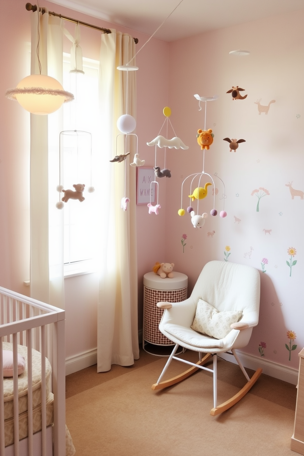 A whimsical nursery filled with playful mobile designs that capture the essence of spring. Soft pastel colors dominate the space, with a gentle breeze causing the mobiles to sway, creating a serene atmosphere. The walls are adorned with cheerful animal prints and floral patterns, enhancing the playful theme. A cozy rocking chair sits in the corner, inviting quiet moments amidst the joyful decor.