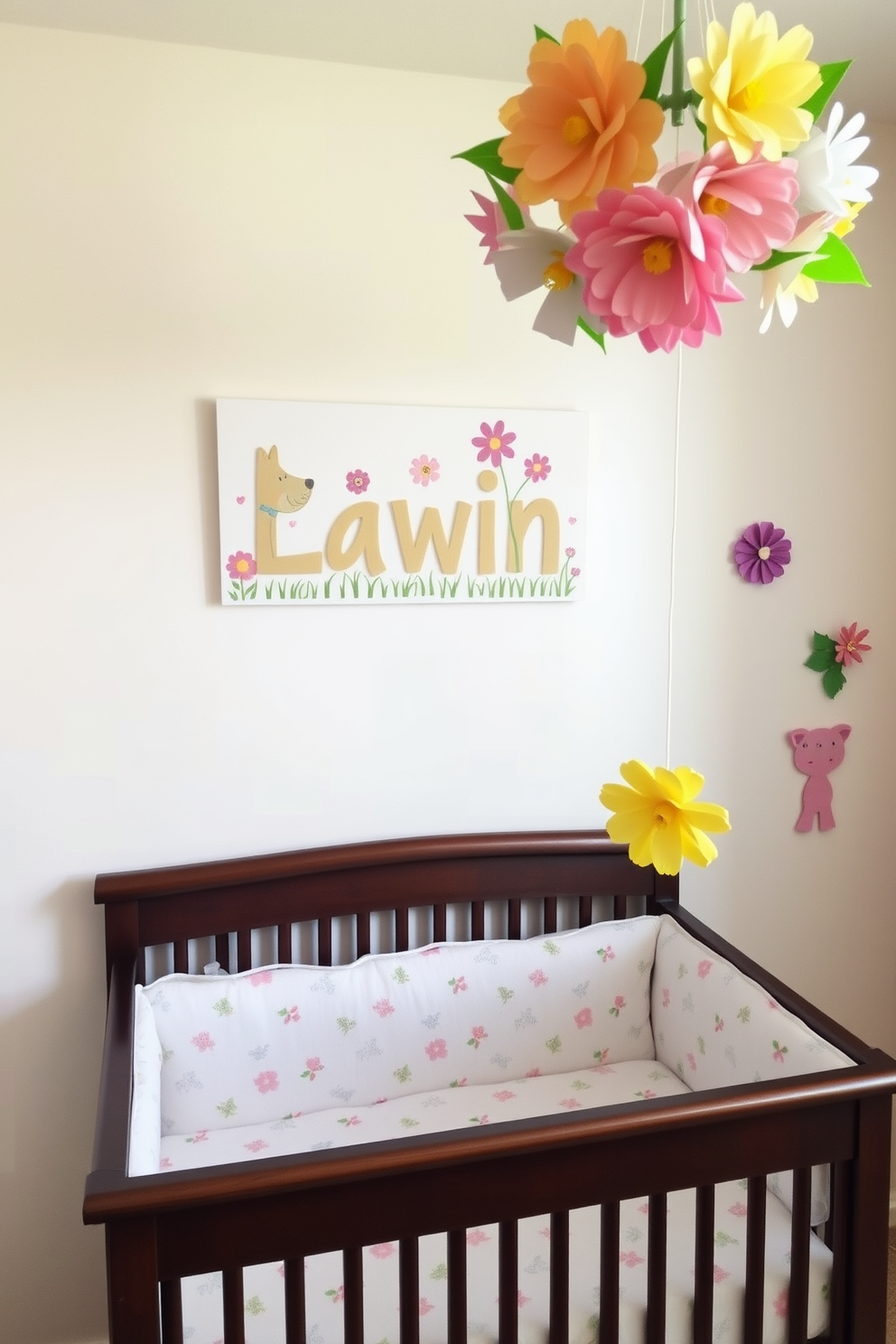 Personalized name art displayed above a cozy crib creates a warm and inviting atmosphere. Soft pastel colors and whimsical animal motifs enhance the playful and nurturing environment of the nursery. Spring-themed decorations featuring floral patterns and bright colors bring life to the space. A mobile made of paper flowers hangs from the ceiling, complementing the cheerful vibe of the room.