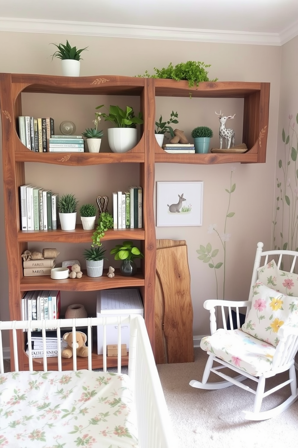 A nature-themed bookshelf made of reclaimed wood with intricate leaf carvings. The shelves are filled with an assortment of plants, nature-themed books, and decorative items like stones and driftwood. A cozy spring nursery featuring pastel colors and floral patterns. The room includes a crib with a soft quilt, a rocking chair, and whimsical wall art depicting animals in a garden setting.